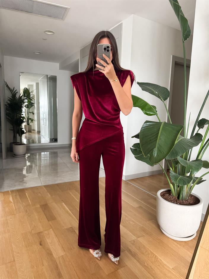İspanyol Kesim Kadife Pantolon-Bordo