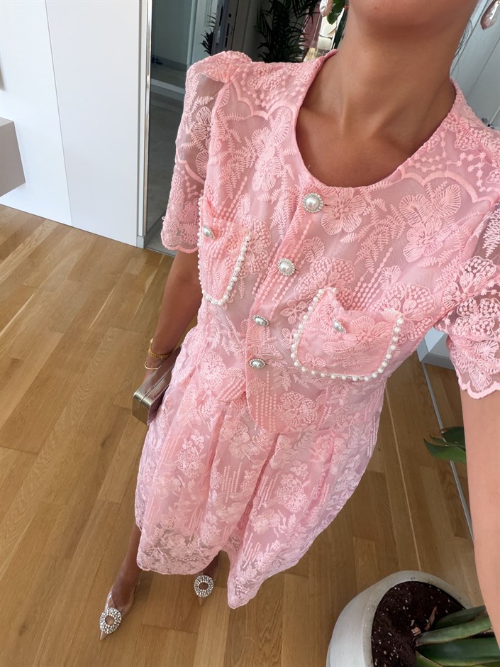 İthal Dantelli İnci Düğmeli Takım - Pembe