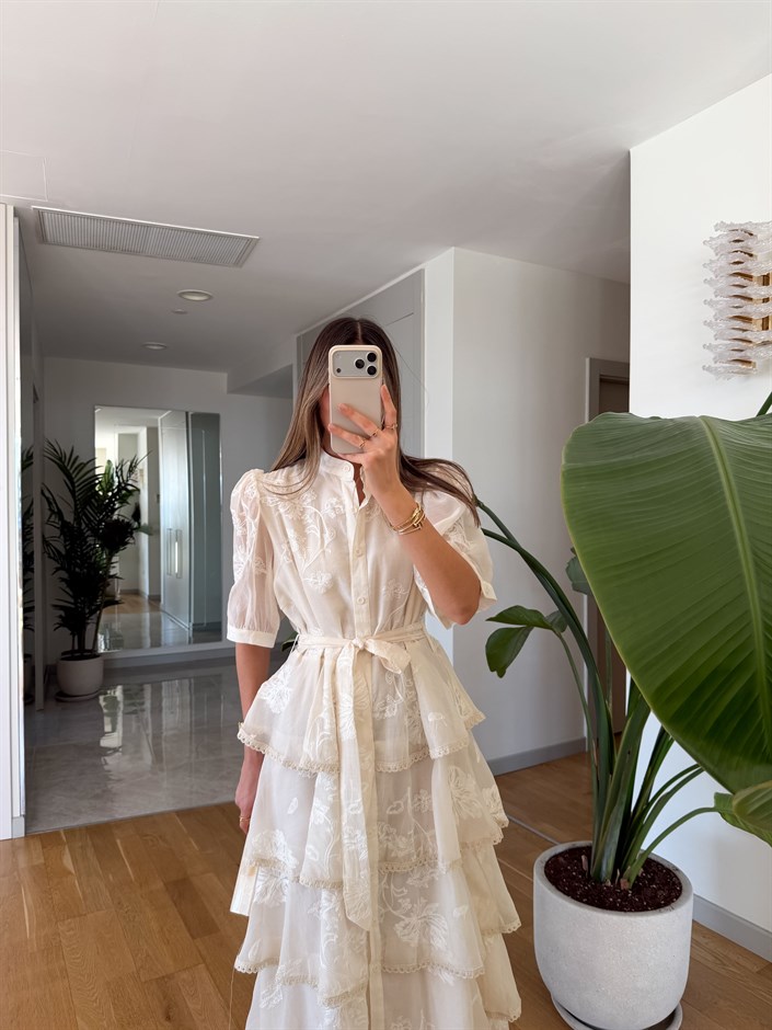 İthal İşlemeli Kat Kat Elbise - Naturel