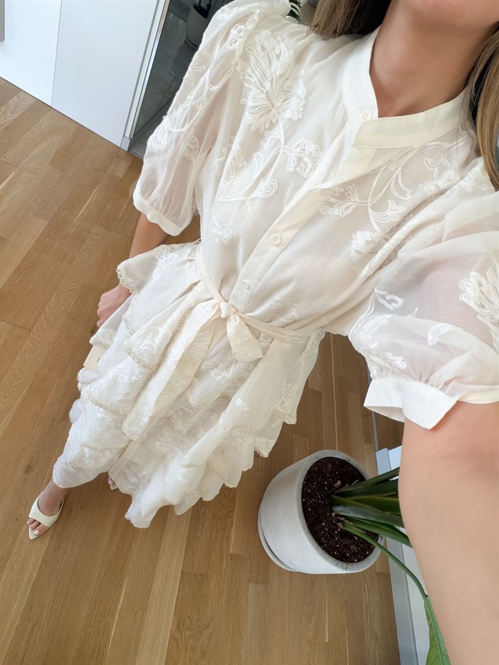 İthal İşlemeli Kat Kat Elbise - Naturel