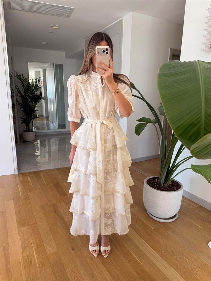 İthal İşlemeli Kat Kat Elbise - Naturel