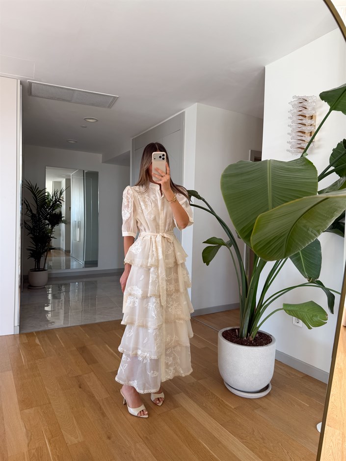 İthal İşlemeli Kat Kat Elbise - Naturel