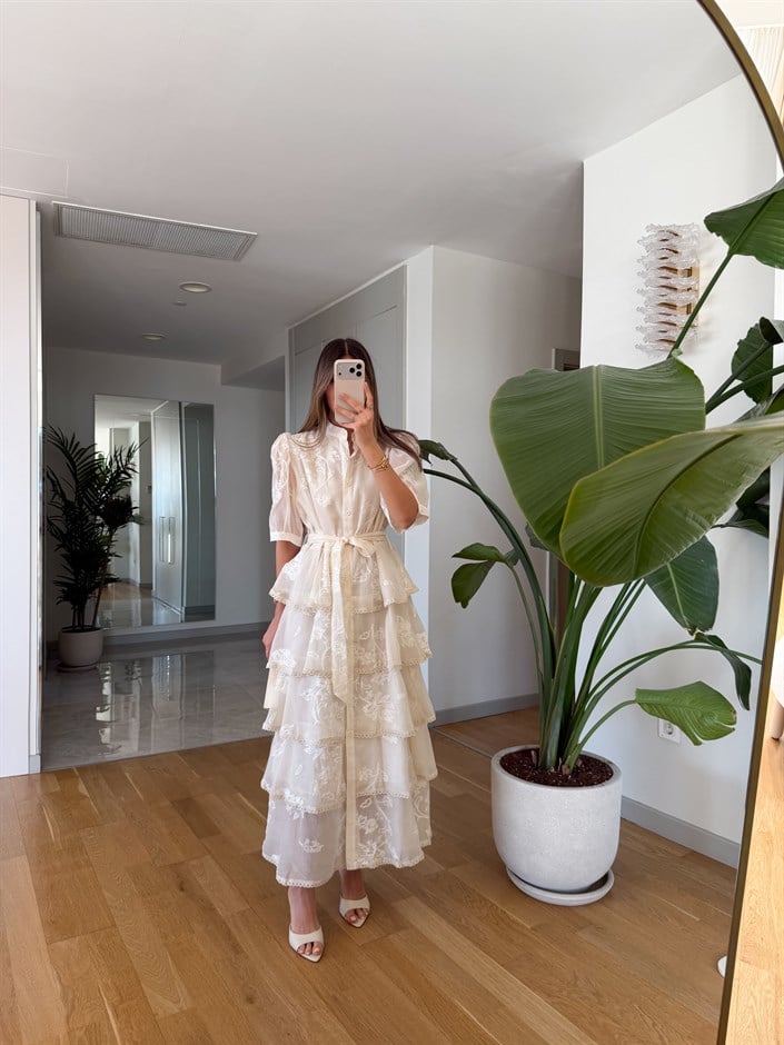 İthal İşlemeli Kat Kat Elbise - Naturel