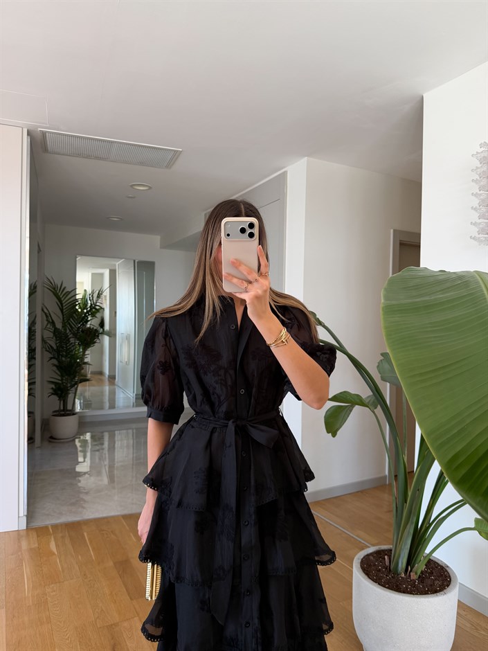 İthal İşlemeli Kat Kat Elbise - Siyah