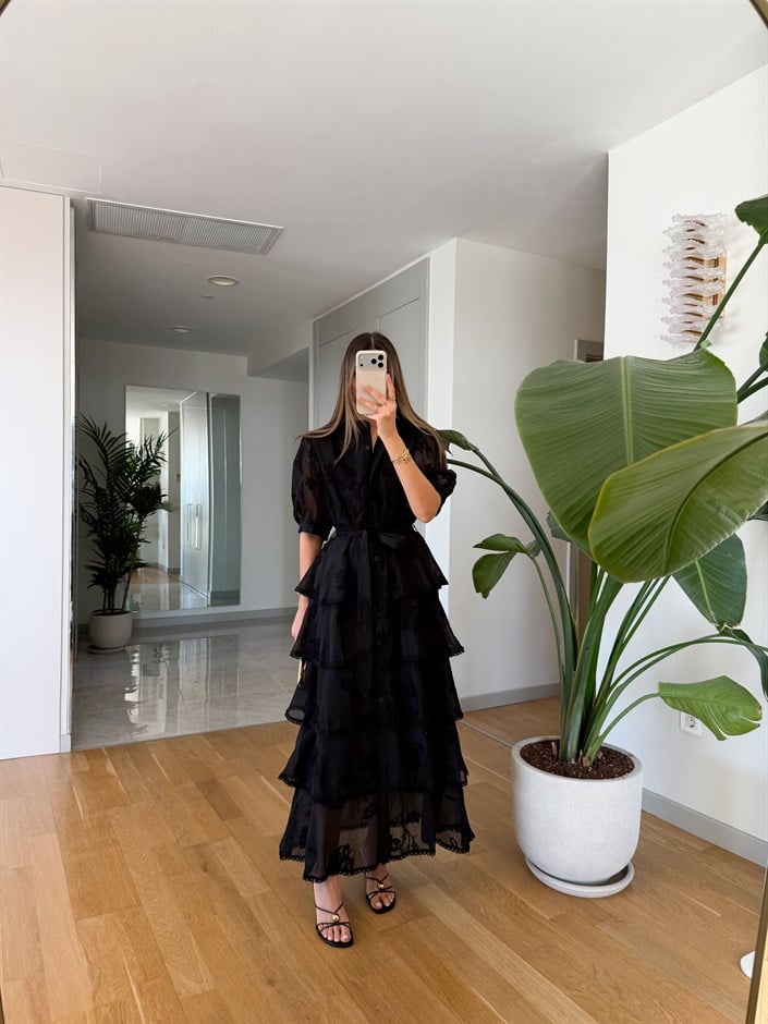 İthal İşlemeli Kat Kat Elbise - Siyah