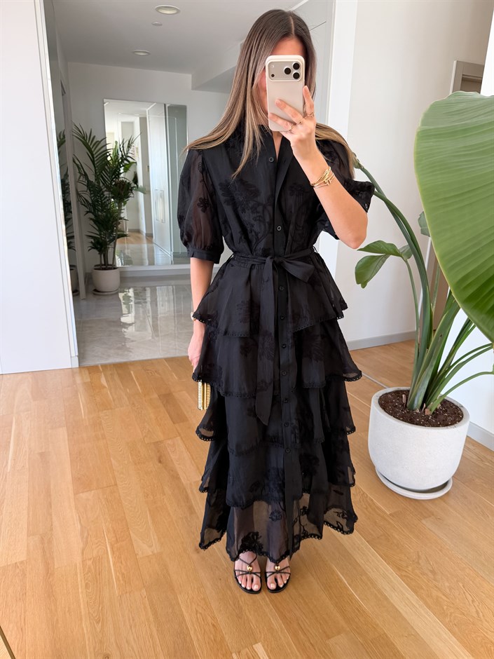 İthal İşlemeli Kat Kat Elbise - Siyah