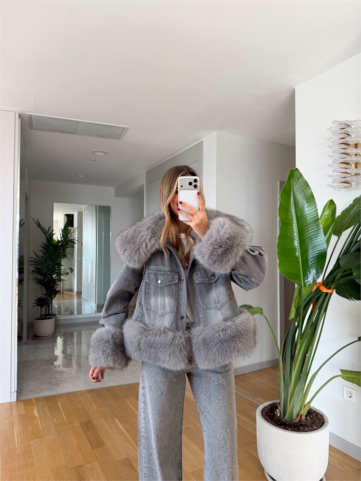 İthal Kürklü Denim Mont - Gri