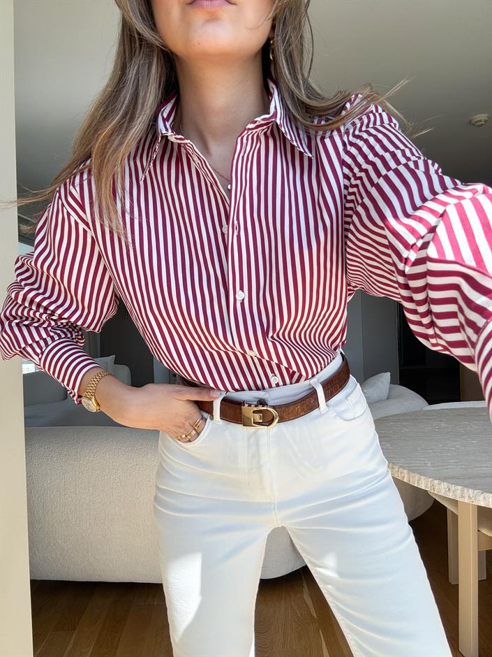 Jadira Çizgili Oxford Gömlek - Bordo