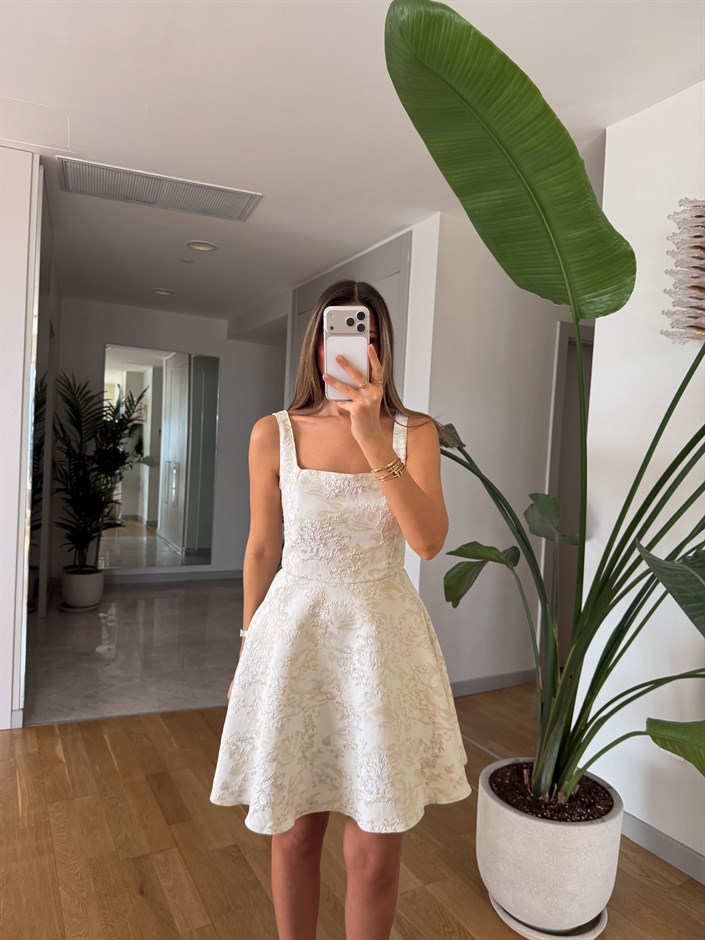 Jakarlı  Mini Elbise - Ekru 