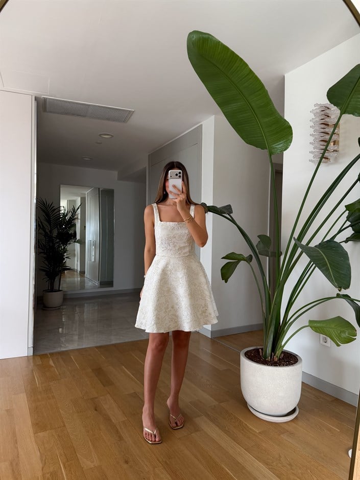 Jakarlı  Mini Elbise - Ekru 