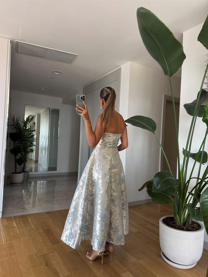 Jakarlı Straplez Midi Elbise - Mavi