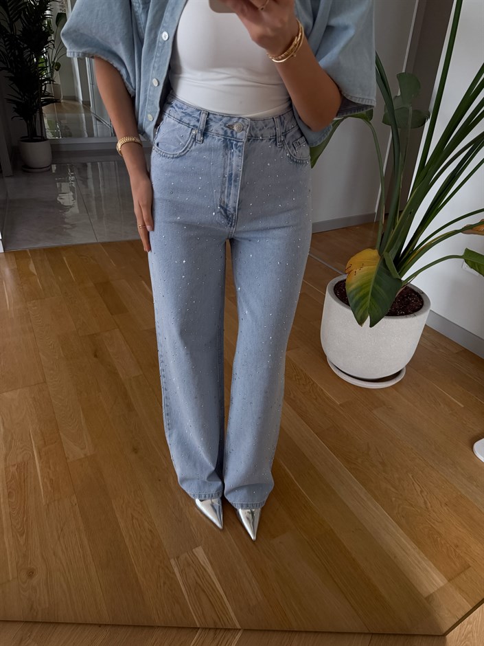 Jame Taşlı Wide Leg Jean - Buz Mavi 