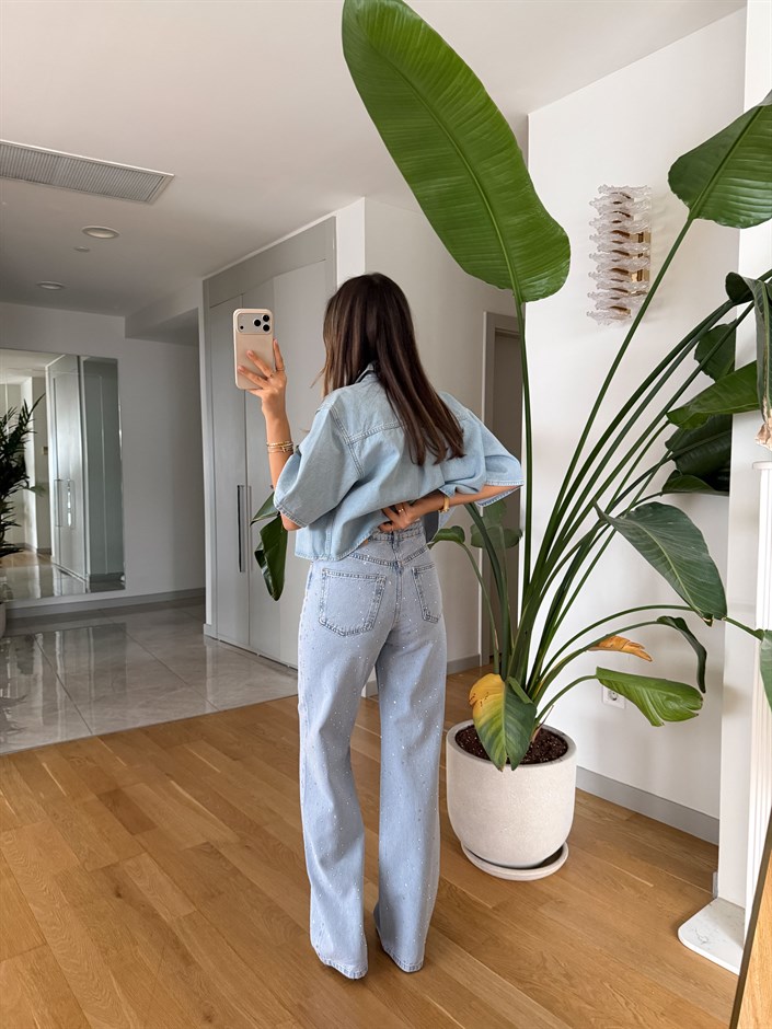 Jame Taşlı Wide Leg Jean - Buz Mavi 