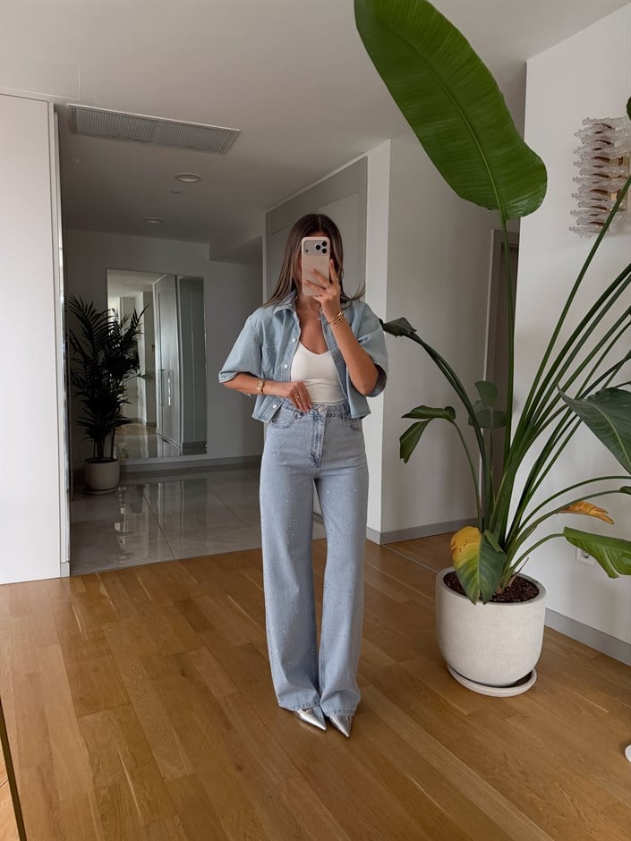 Jame Taşlı Wide Leg Jean - Buz Mavi 