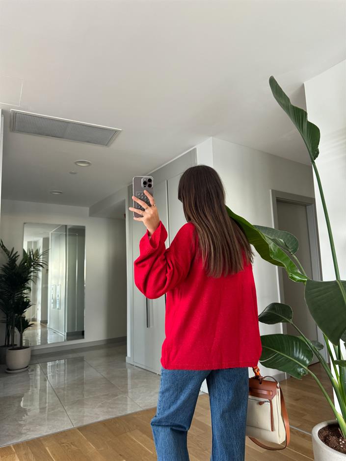 Javed Bisiklet Yaka Pinterest Kazak-Kırmızı