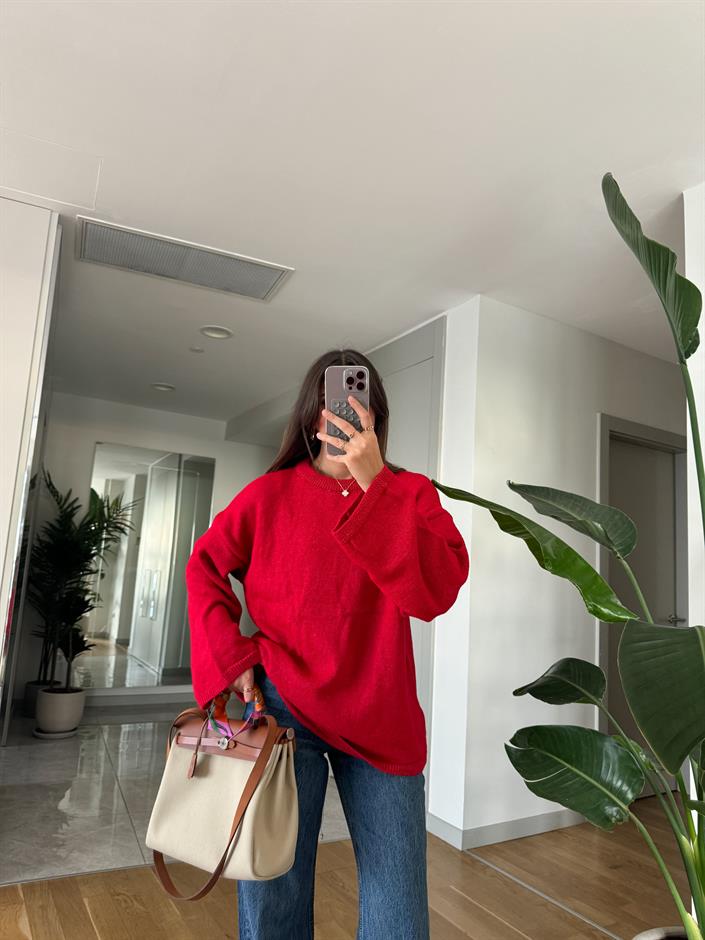 Javed Bisiklet Yaka Pinterest Kazak-Kırmızı