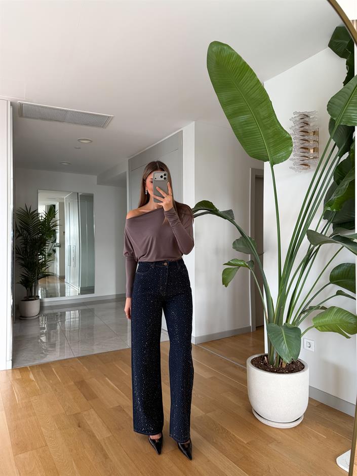 Jawel Taşlı Wide Leg Jean - Lacivert