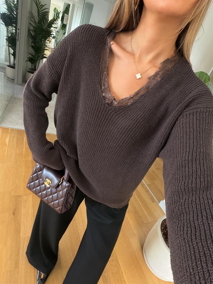 Jenny Yakadan Dantelli Kazak - Kahve