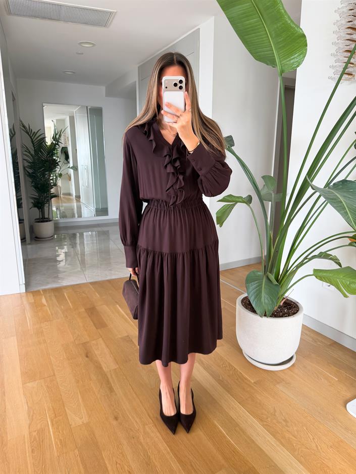 Jesy Beli Lastikli Midi Elbise - Kahve