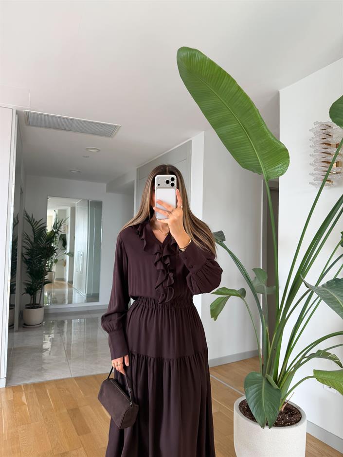 Jesy Beli Lastikli Midi Elbise - Kahve