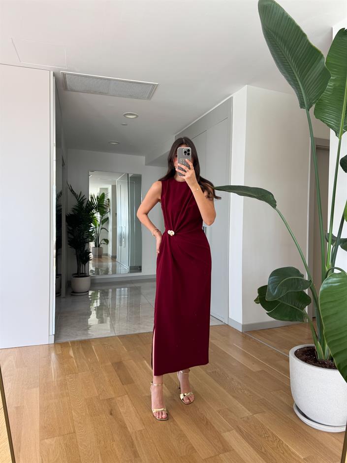 Jisoo Beli Gold Detaylı Midi Elbise- Bordo