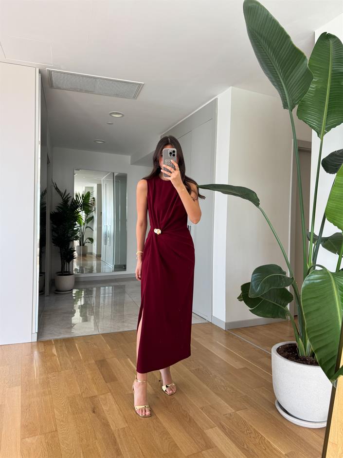 Jisoo Beli Gold Detaylı Midi Elbise- Bordo
