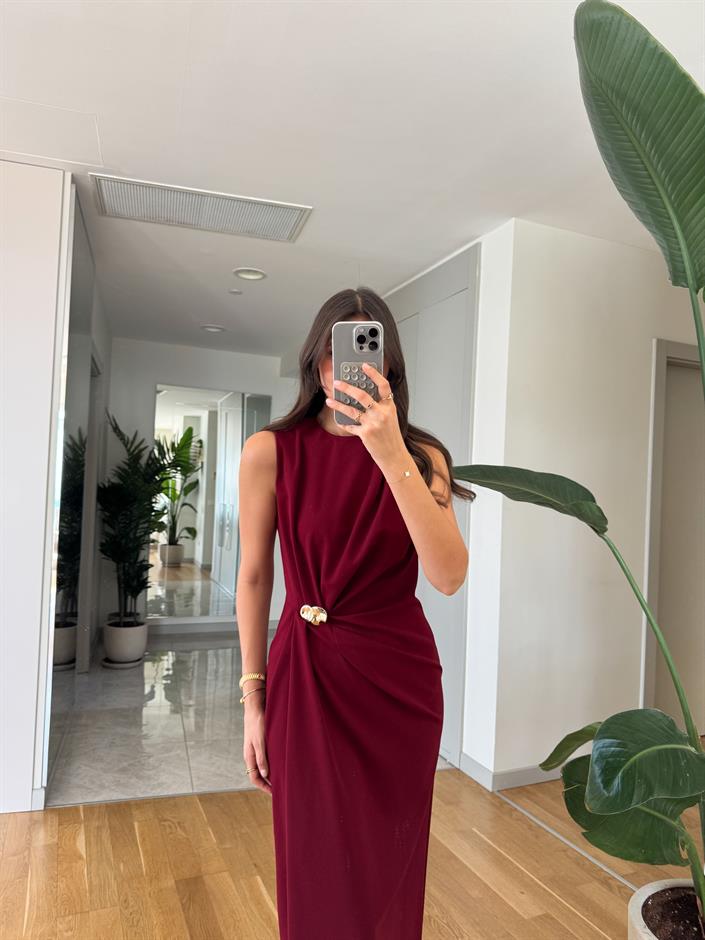 Jisoo Beli Gold Detaylı Midi Elbise- Bordo