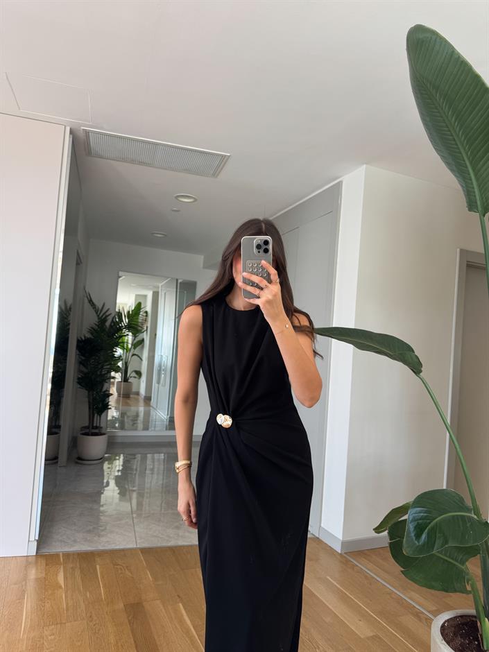 Jisoo Beli Gold Detaylı Midi Elbise- Siyah