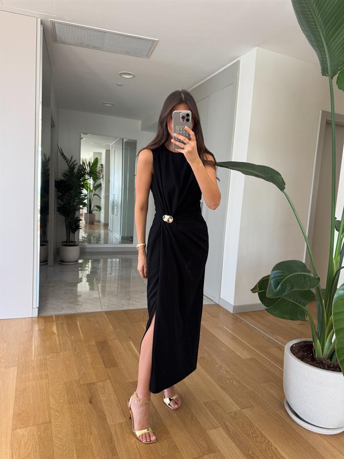 Jisoo Beli Gold Detaylı Midi Elbise- Siyah