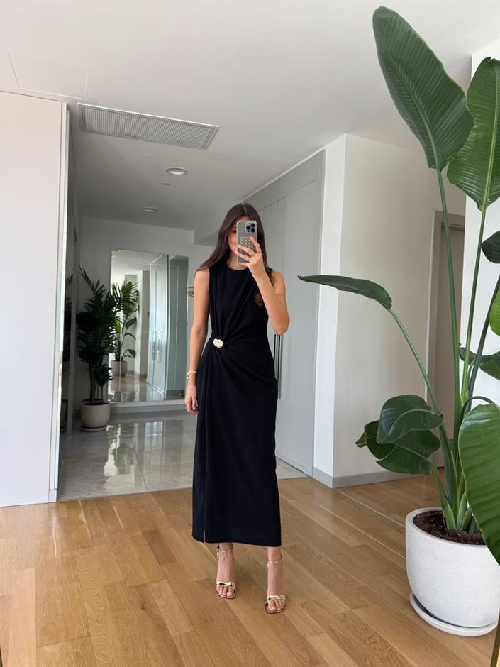 Jisoo Beli Gold Detaylı Midi Elbise- Siyah