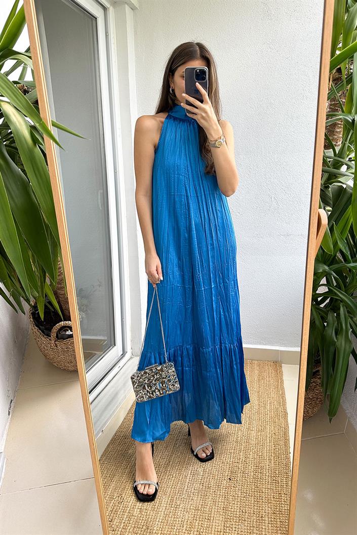 Julia Halter Yaka Midi Elbise-Mavi