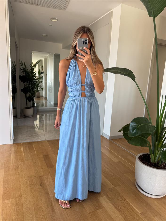 June Dekolte Detaylı Elbise - Mavi