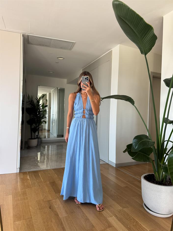 June Dekolte Detaylı Elbise - Mavi