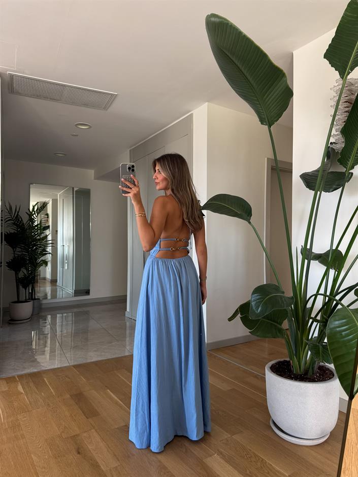 June Dekolte Detaylı Elbise - Mavi