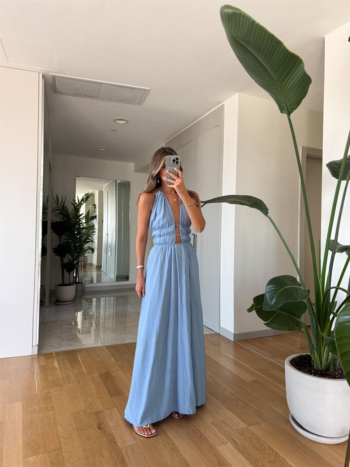 June Dekolte Detaylı Elbise - Mavi