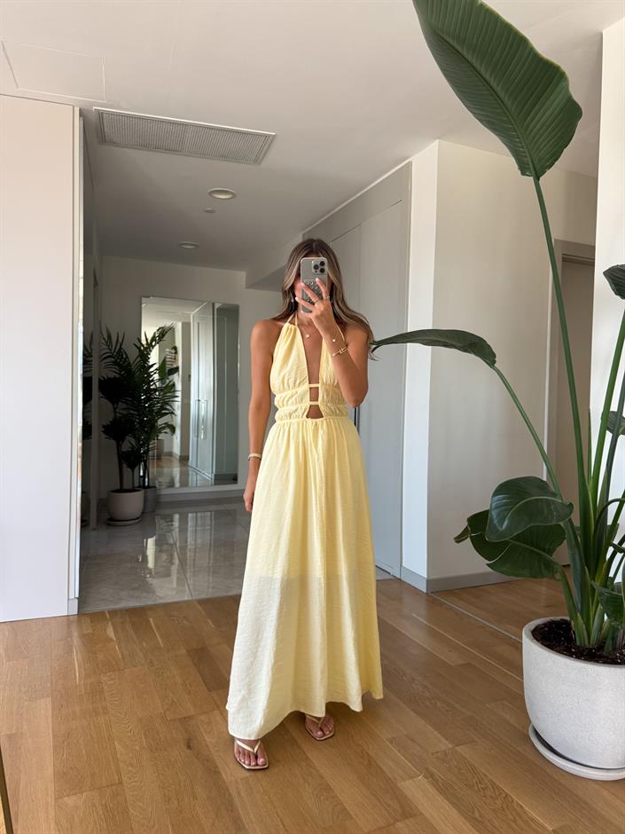 June Dekolte Detaylı Elbise - Sarı