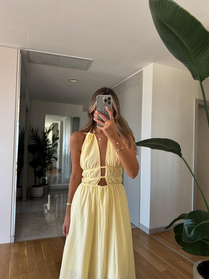June Dekolte Detaylı Elbise - Sarı