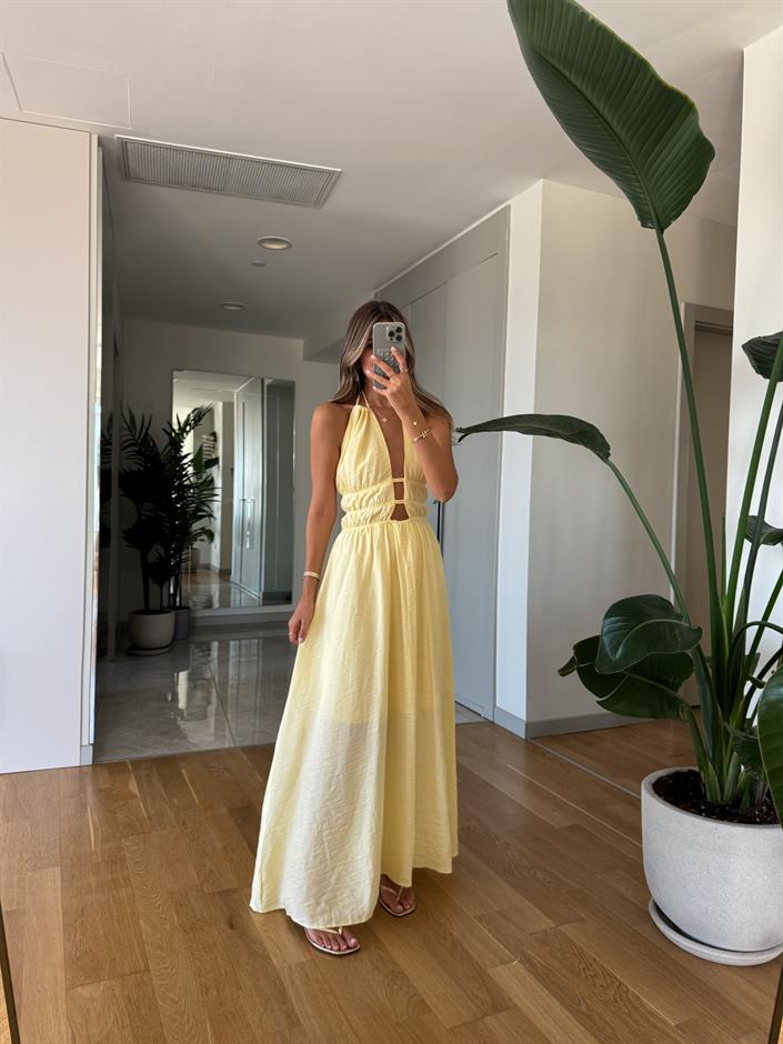 June Dekolte Detaylı Elbise - Sarı