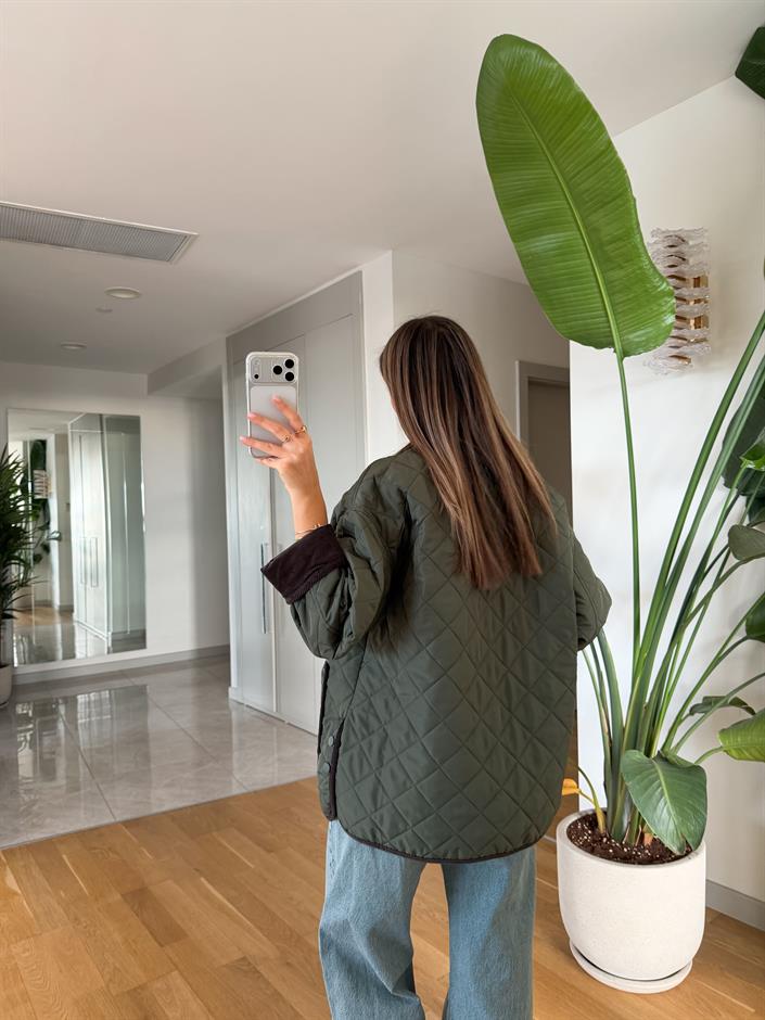 Kadife Detaylı Kapitone Mont - Haki