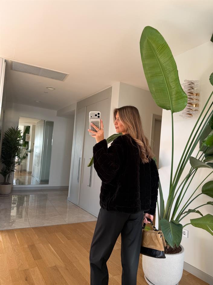 Kadife Fermuarlı Bomber Ceket - Siyah