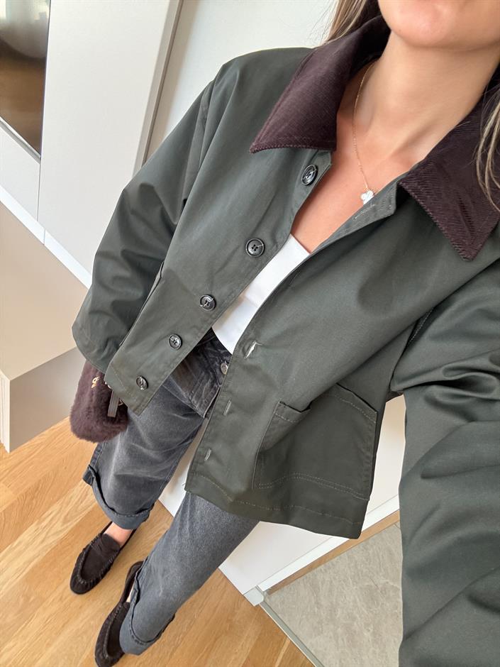 Kadife Yakalı Cepli Parka - Haki 