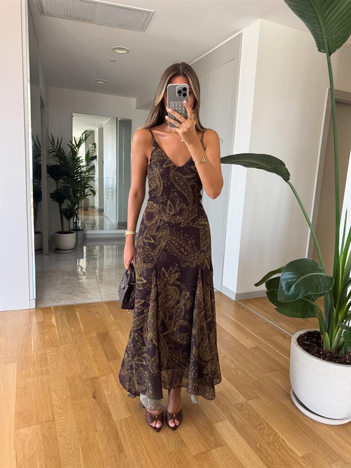 Kahve Askılı Şal Desen Şifon Elbise