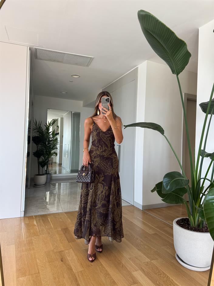 Kahve Askılı Şal Desen Şifon Elbise