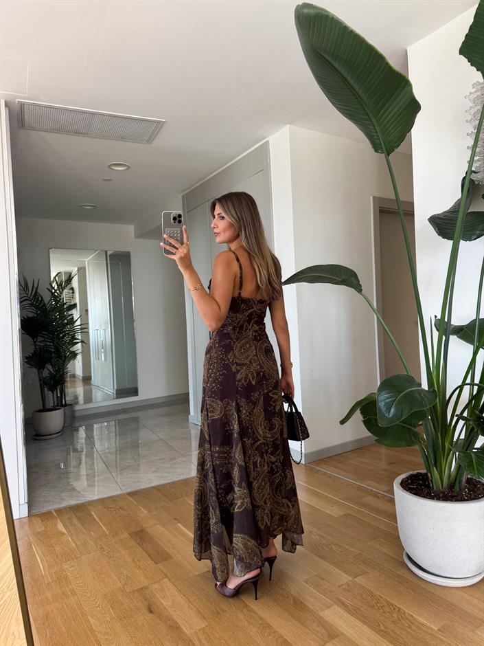 Kahve Askılı Şal Desen Şifon Elbise