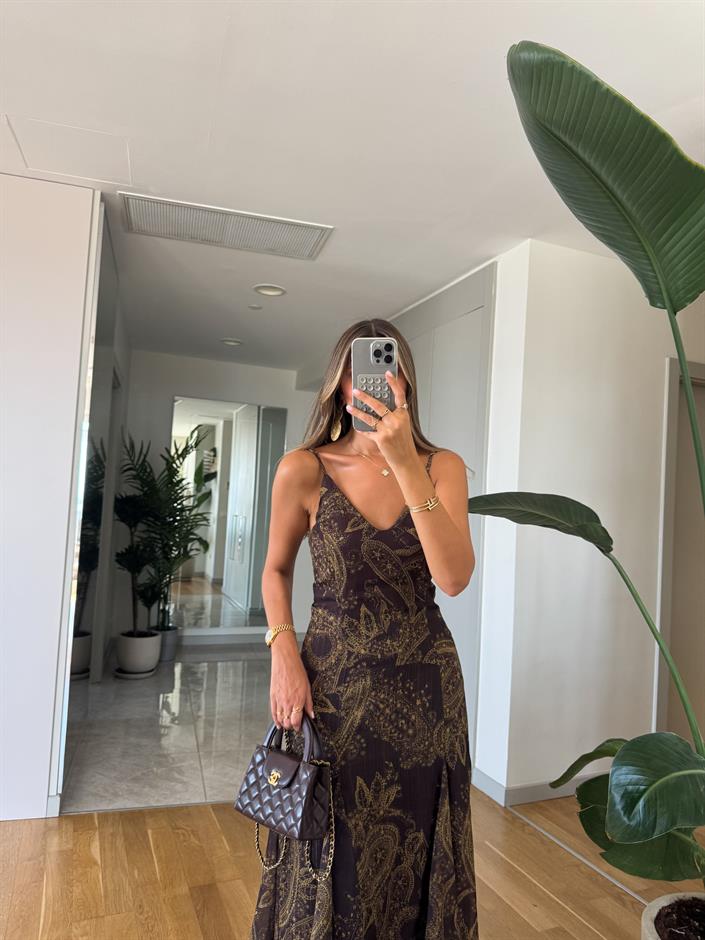 Kahve Askılı Şal Desen Şifon Elbise