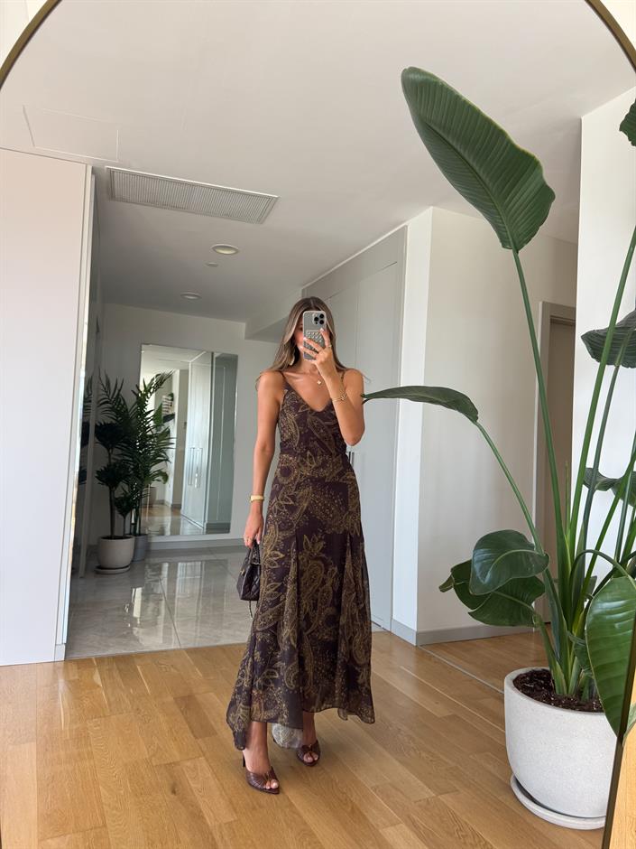 Kahve Askılı Şal Desen Şifon Elbise