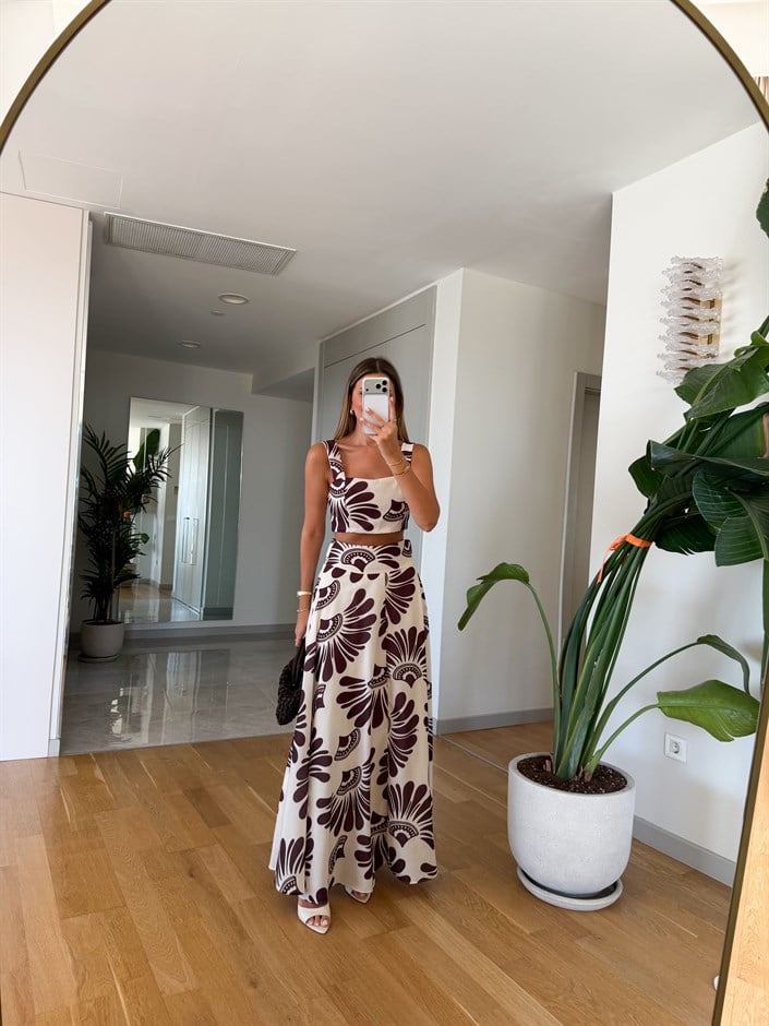 Kahve Desenli Crop Bluz Etek Takım 