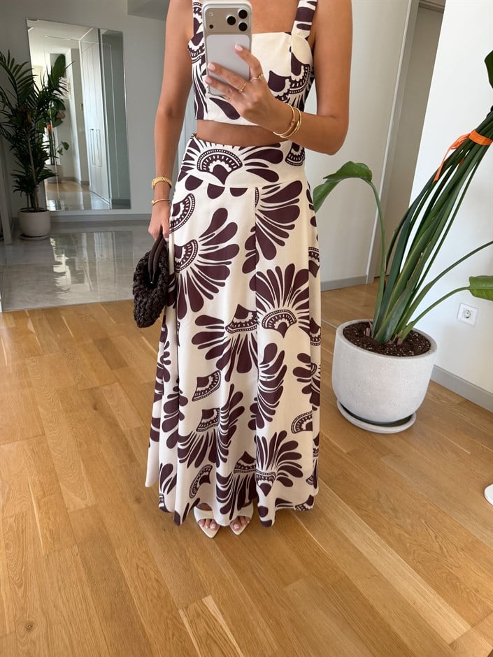 Kahve Desenli Crop Bluz Etek Takım 