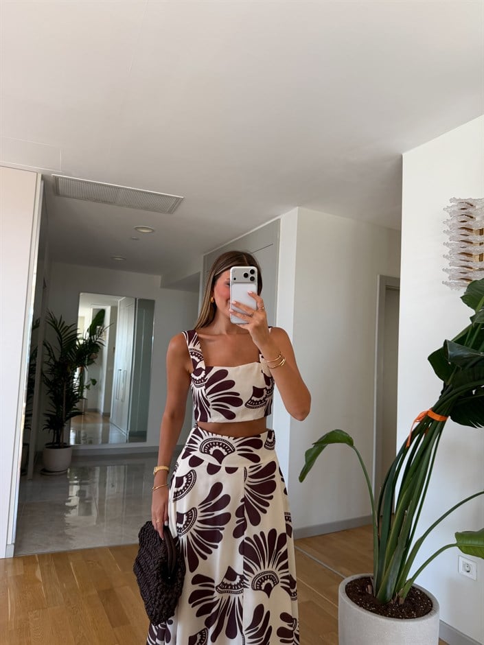 Kahve Desenli Crop Bluz Etek Takım 
