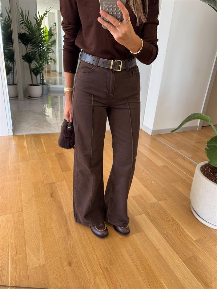 Kahve Önden Çimalı Denim Pantolon 